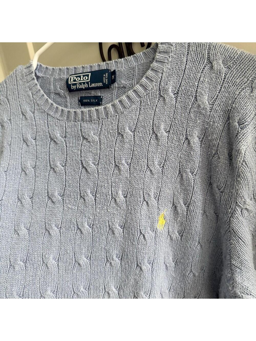 Polo Ralph Lauren Cable Knit Sweater Medium Periwinkle Blue 100% Silk - Picture 3 of 7